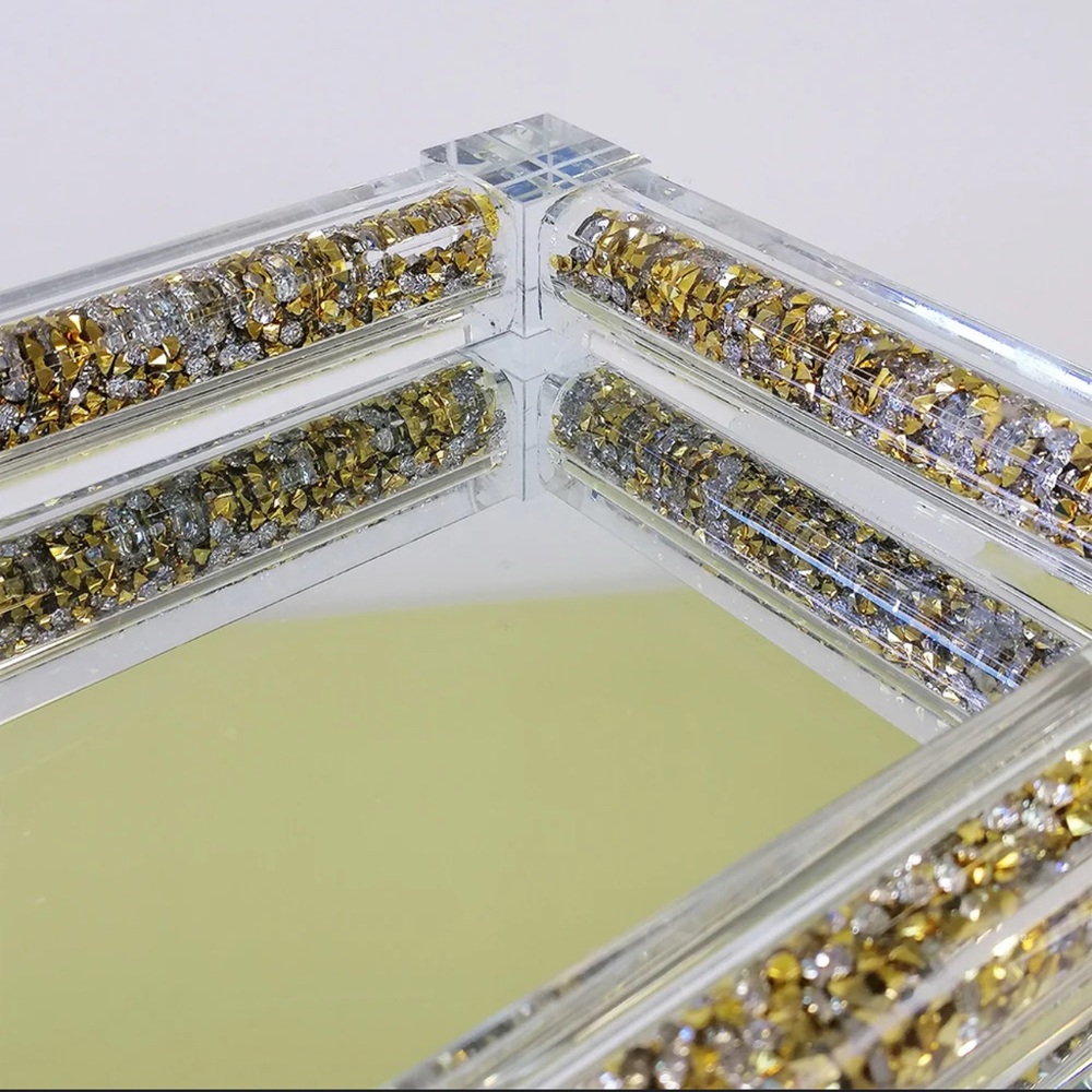 NWT Crystal Glass Tray, Mirror Vanity Tray, Golden Decor Tray Size 34cm X 14 cm - Picture 7 of 16